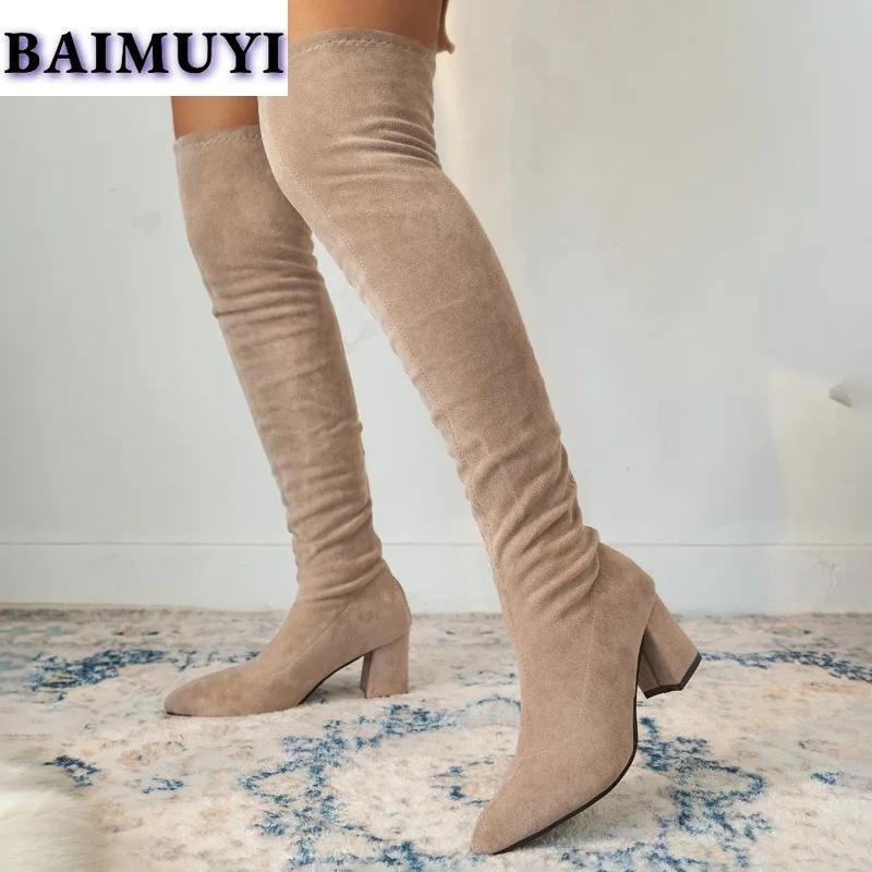 Замшевые женские сапоги выше колена с острым носком на высоком каблуке