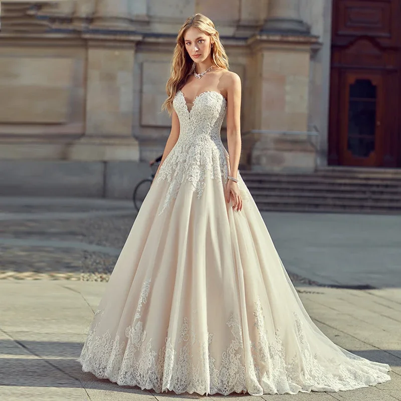 

Милое Свадебное платье без бретелек с открытой спиной, элегантное кружевное свадебное платье с аппликацией, свадебное платье на заказ