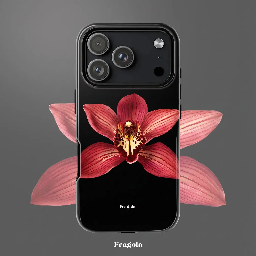 Фото Чехол для телефона с красными орхидеями для iPhone 17, 16e, 16, 15, 14, 13, 12, 11, X, XS, XR, XSMAX, 7, 8, Air, Pro Max, Plus — роскошный двухслойный чехол №1