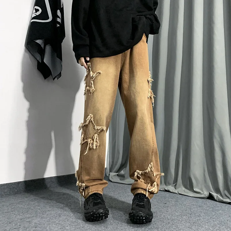 2023 New Fashion Stars Towel Embroidery Brown Baggy Men Jeans Pants Y2K Clothes Straight Hip Hop Cotton Trousers Pantalon Homme