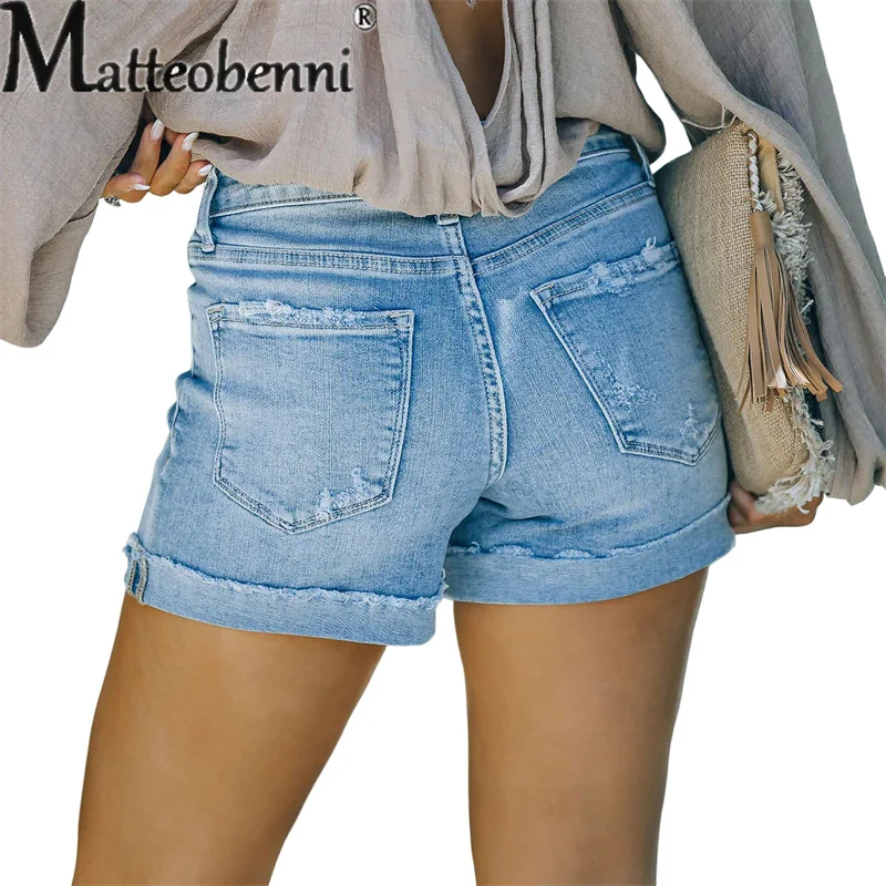 Fashion Street Stretch Tight Denim Shorts Female Casual Light Blue Broken Holes Three Quarter Pants 2023 Summer Women's Clothing