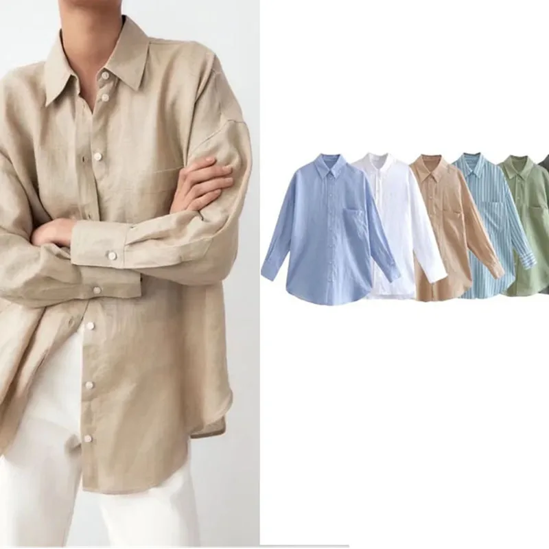 

2022 Women's Versatile Long Sleeve Lapel Front Patch Pockets Side Slit Hem Buttoned Closure Linen Shirt
