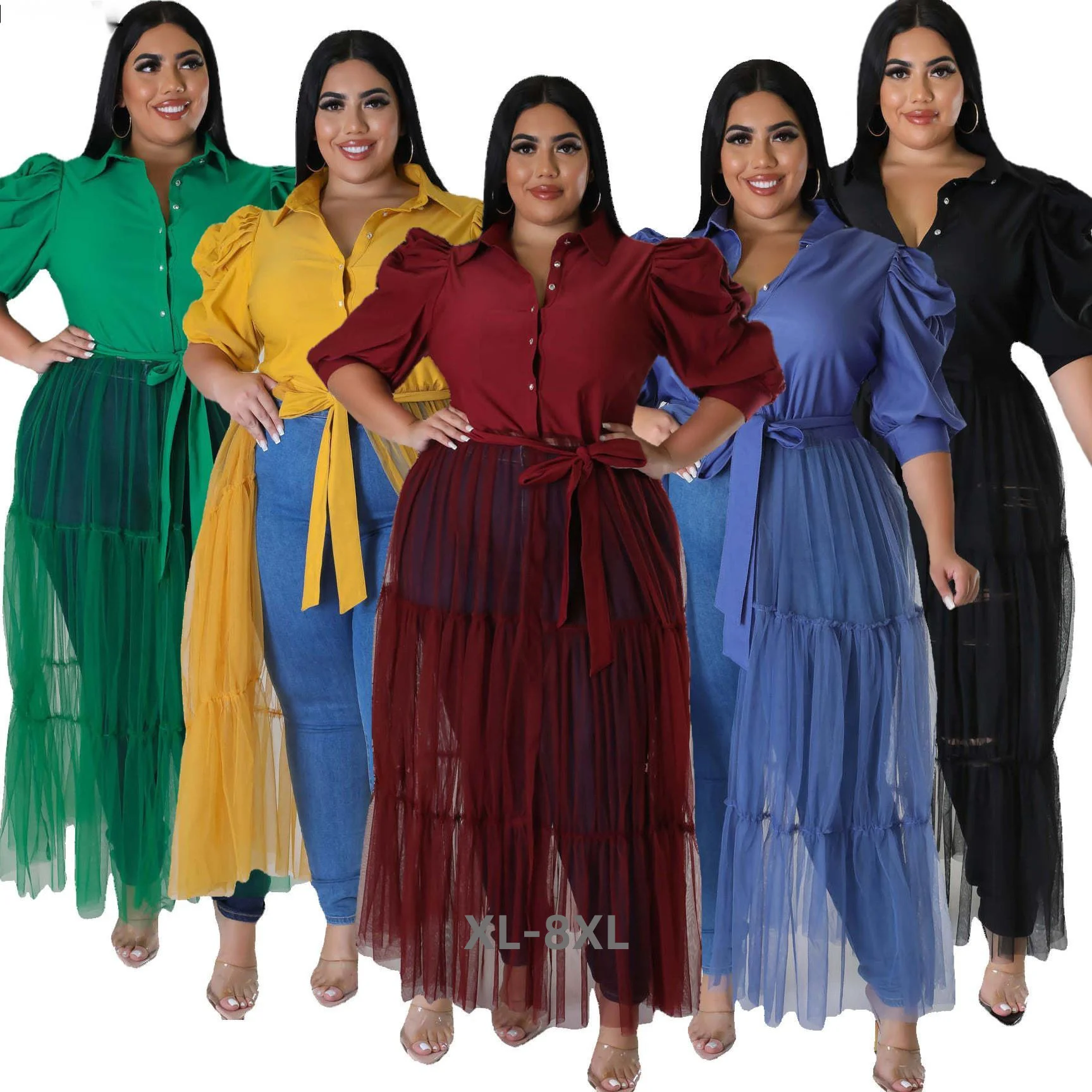 Plus Size Hot Sale Mesh Women Casual Dress Pleats Half Sleeves Patchwork Belt Sexy Party Club Shirt Dresses 3xl 4xl 5xl 6xl