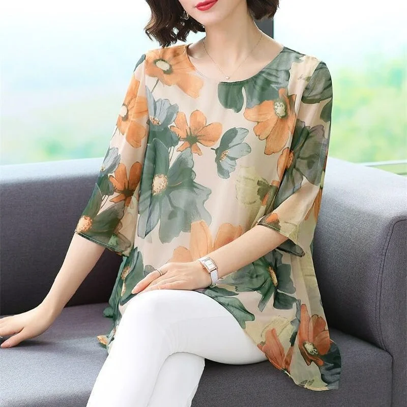 

Fashion 2023 Summer Shirt Womens Tops and Blouses Floral Blouse Print Casual Female O-neck Shirts & Blouses Blusas Para Mujer