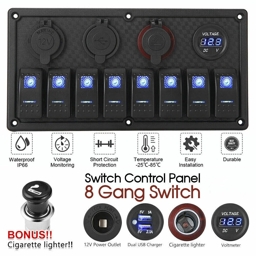 

24V 12V Switch Panel 8 Buttons Car Light Toggle USB Chargers Power Adapter Caravan Accessories for Boat Van Truck Trailer Marine
