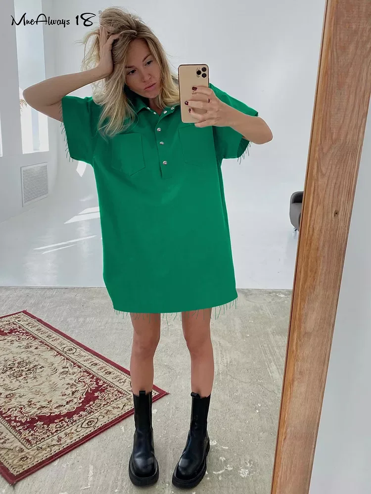 

Mnealways18 Polo Straight Green T-Shirt Dress Half Sleeves Split Casual Loose Dress Summer 2022 Pockets Oversized Dress Ladies