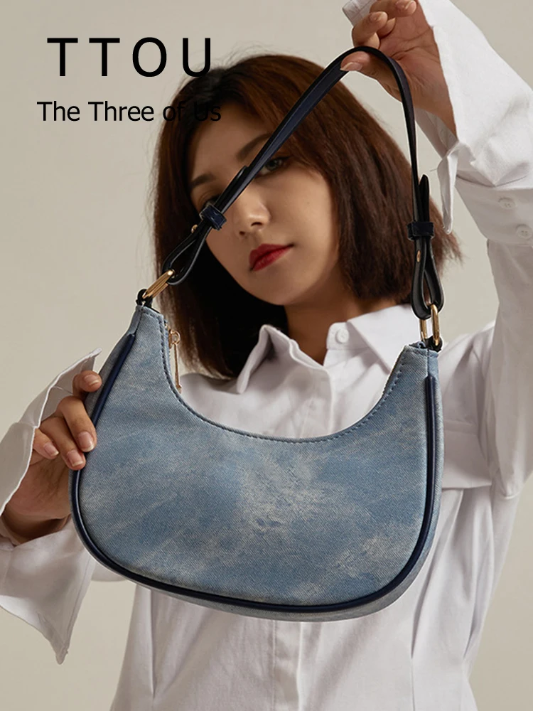 

Fashion Denim Crescent Casual Tote Blue PU Shoulder Bags Lady Luxury Brand Designer Simple Side Bag Handbag Purse 2022 Trendyol