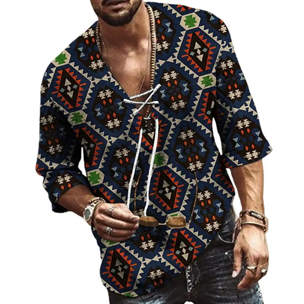 

Casual Mens Loose Half Sleeve Lace-up V-Neck T-shirts Harajuku Pattern Printed Tops Pullover Fashion Clothing Men New Streetwear