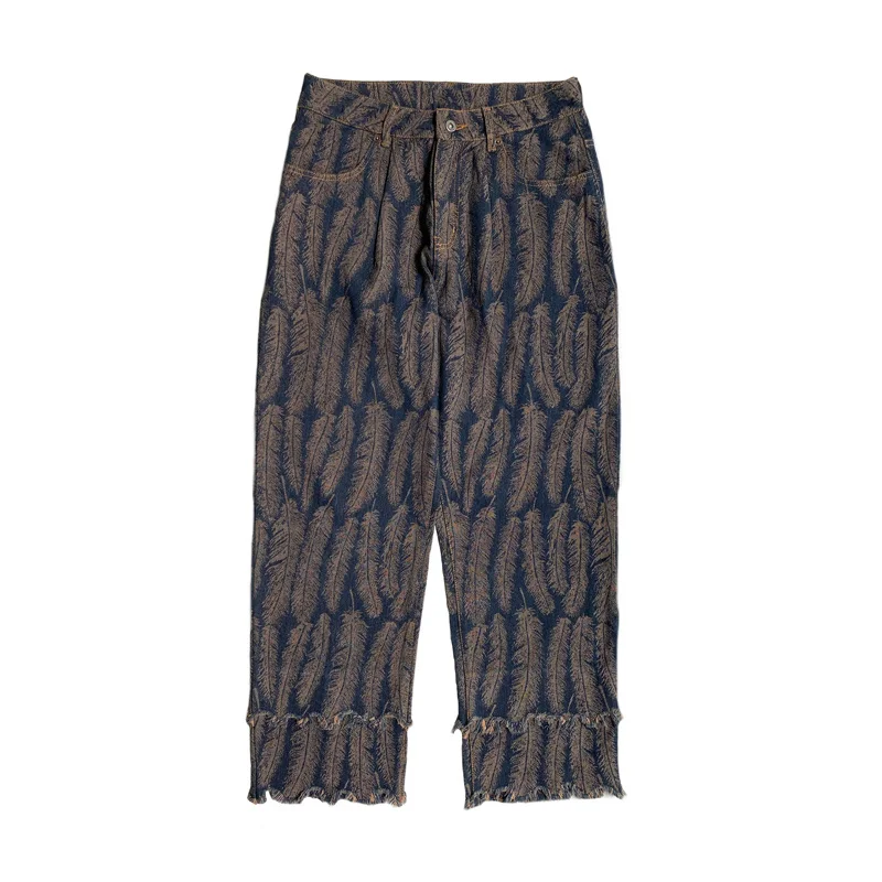 KAPITAL Men's Denim Pants 2023 Summer Japanese Vintage Tassel Edge Distressed Casual Spliced Feather Trousers For Women