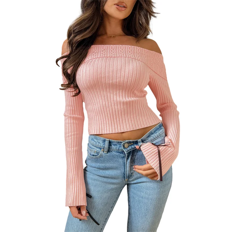 

Кроп-топ женский трикотажный однотонный с открытыми плечами и длинным рукавом