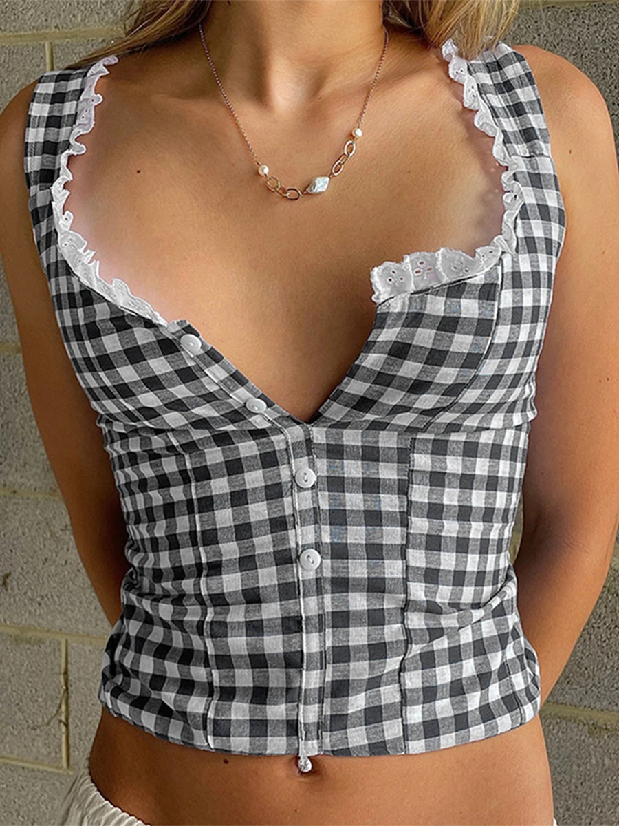 

Women Summer Tank Tops Sleeveless Button Down Plaid Print Lace Trim Crop Tops 2023 New Women's Casual Shirts Fashion Streetwear