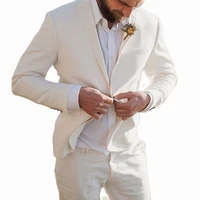beige linen groom tuxedo for wedding beach party summer men suits casual peaked lapel custom 2 piece male coat with pants 2022