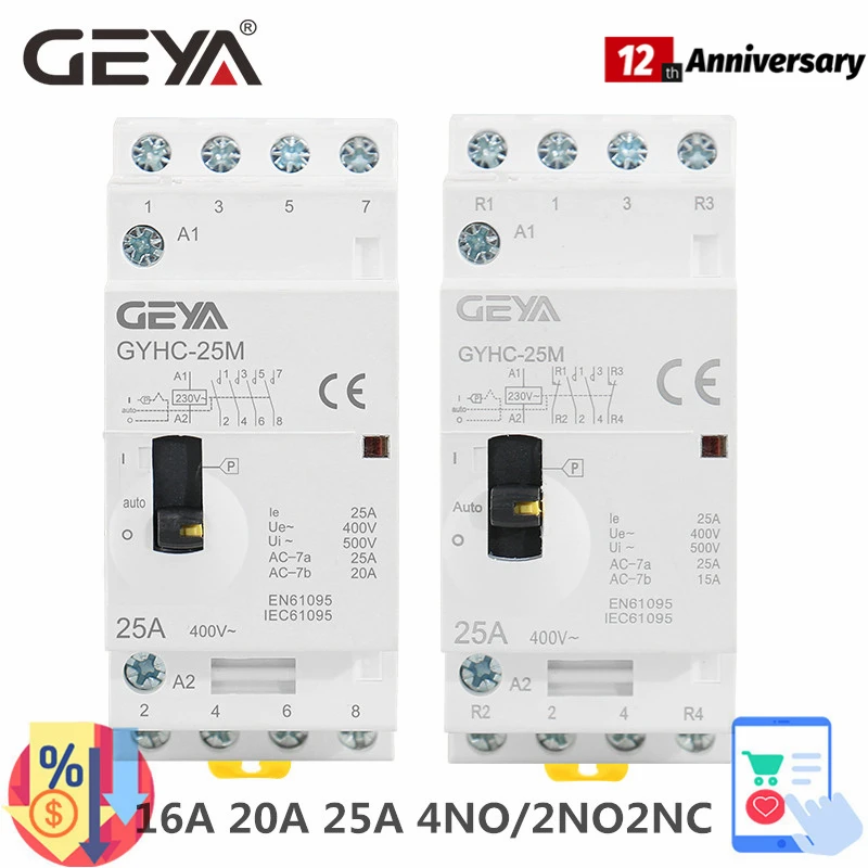 

GEYA GYHC 4P 25A 4NO or 2NO2NC 220V/230V 50/60HZ Din rail Household AC Modular Contactor Manual Type