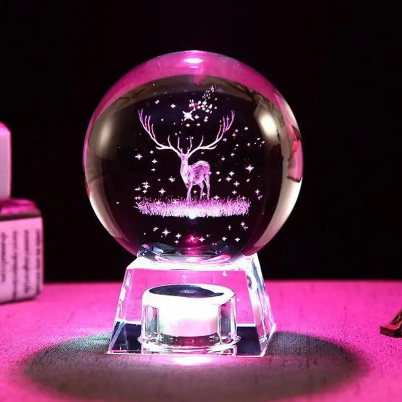

Engraved Glass Globe With Night Light Crystal Ornament Miniature Reindeer Home Decor Christmas Decoration Accessories Sphere
