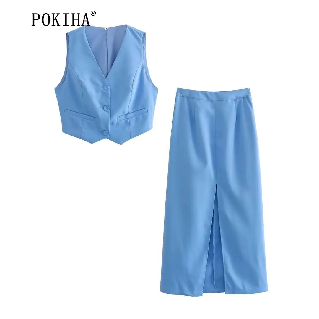

Pokiha New Fashion Women Side Pockets Front Buttons Waistcoat And High Waist Split Midi Skirts Female Two Pieces Sets Mujer