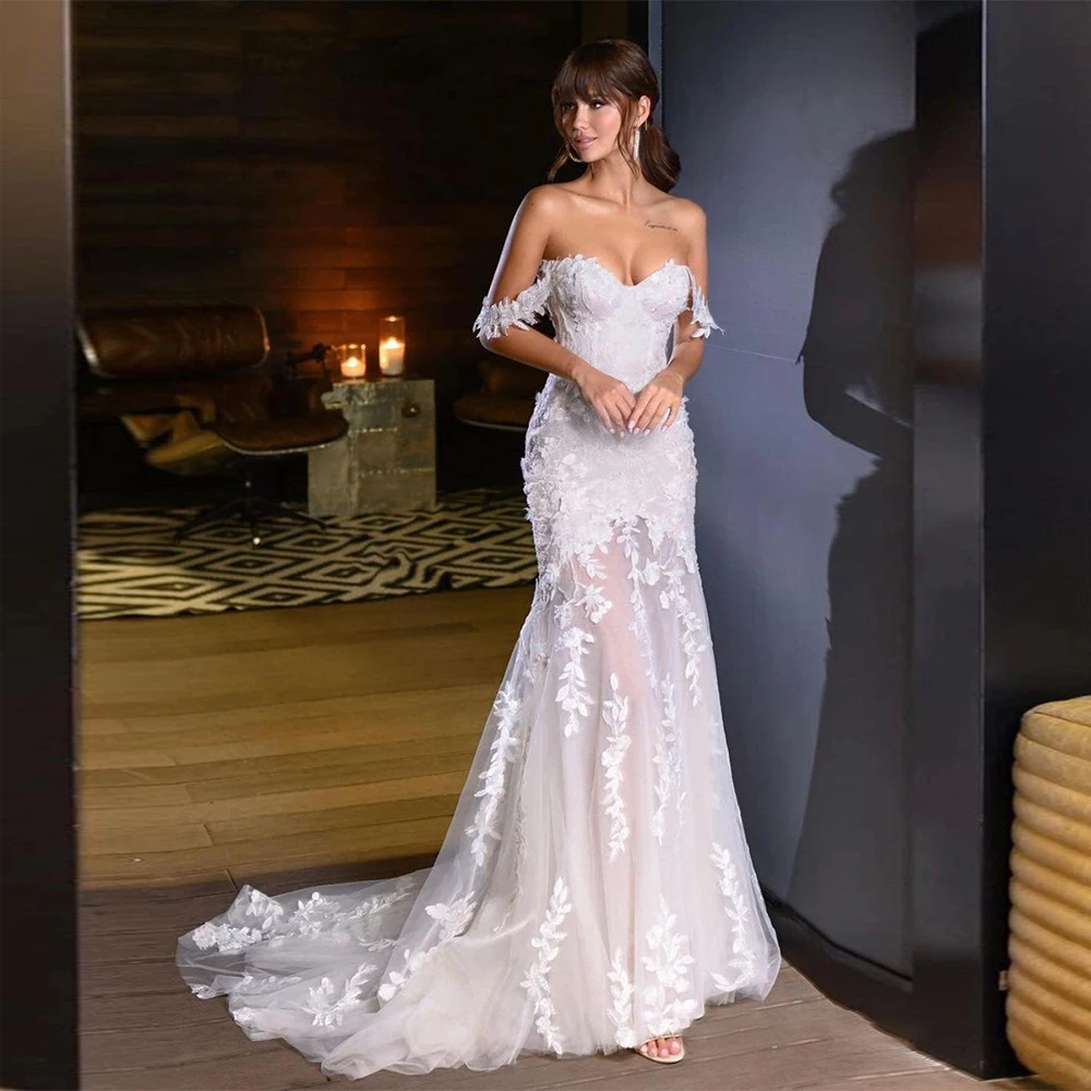 

Off Shoulder Mermaid Wedding Dresses for Women Bride Tulle Lace Appliques Sexy Bridal Gowns Custom Made Vestidos De Novia