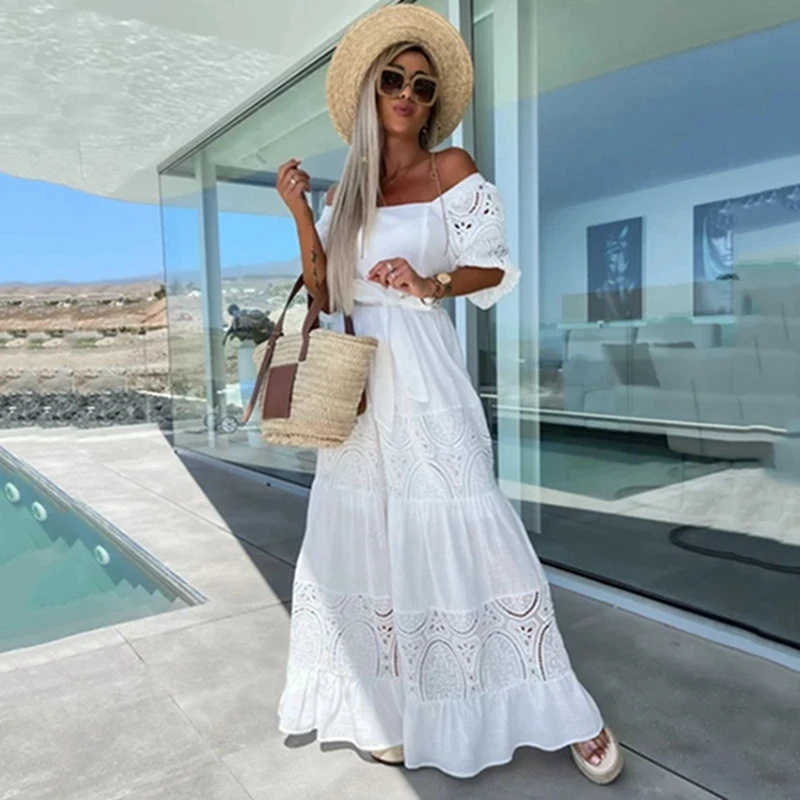 

Женское кружевное платье-макси с поясом, длинное белое повседневное элегантное винтажное платье с пышными рукавами для отдыха, лето