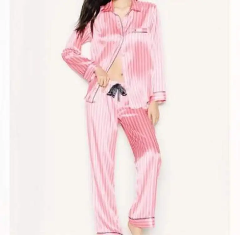 Pink Striped Satin Pyjamas for Women Summer Home Suit Silk Pajamas with Shorts Sleepwear Dropshipping
