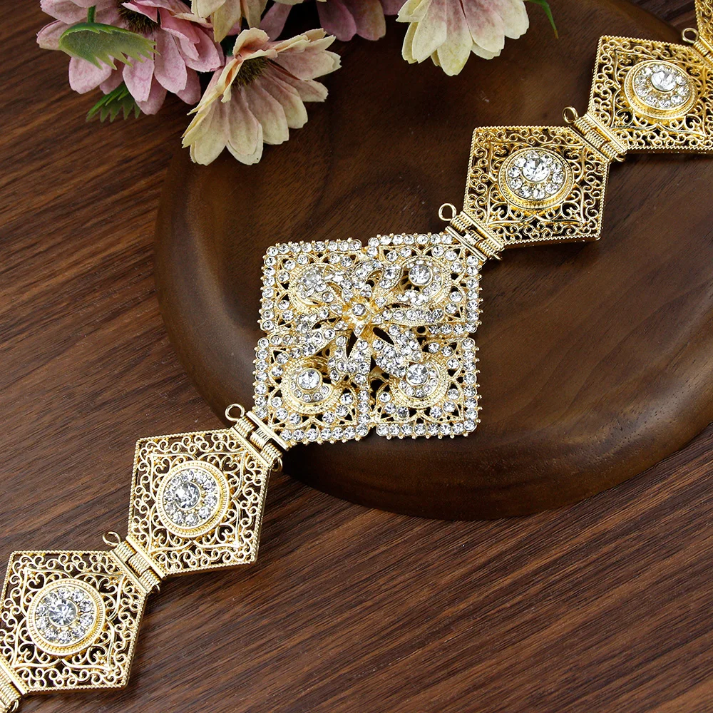 Neovisson Elegent Gold Color Women Belt Chain Crystal Adjustable Length Metal Waistband Morocco Wedding Jewelry Gift