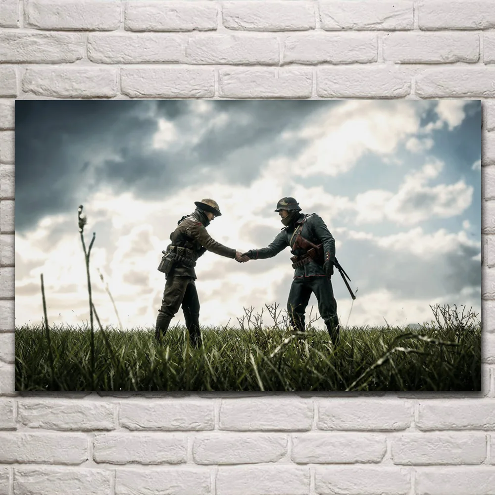 

peace between soldiers handshake military artwork fabric posters on wall picture living room home decoration art KR132
