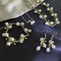 bell orchid pearl bracelet for women simple plant jewelry set for girls trendy ear hook ear clip necklace for woman accessories