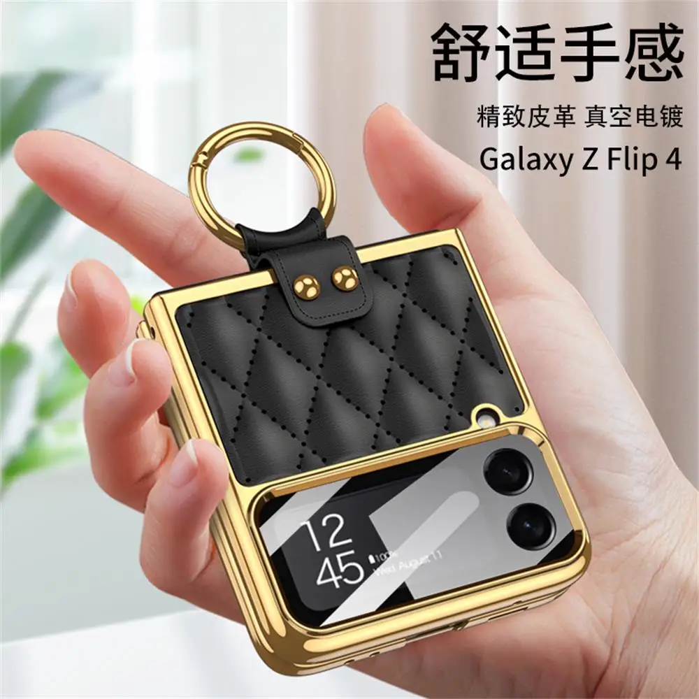 Luxury Electroplated Elegant Plain Leather Ring Holder For Samsung Galaxy Z Flip 4 3 Case Lens Film Shockproof Protective Cover