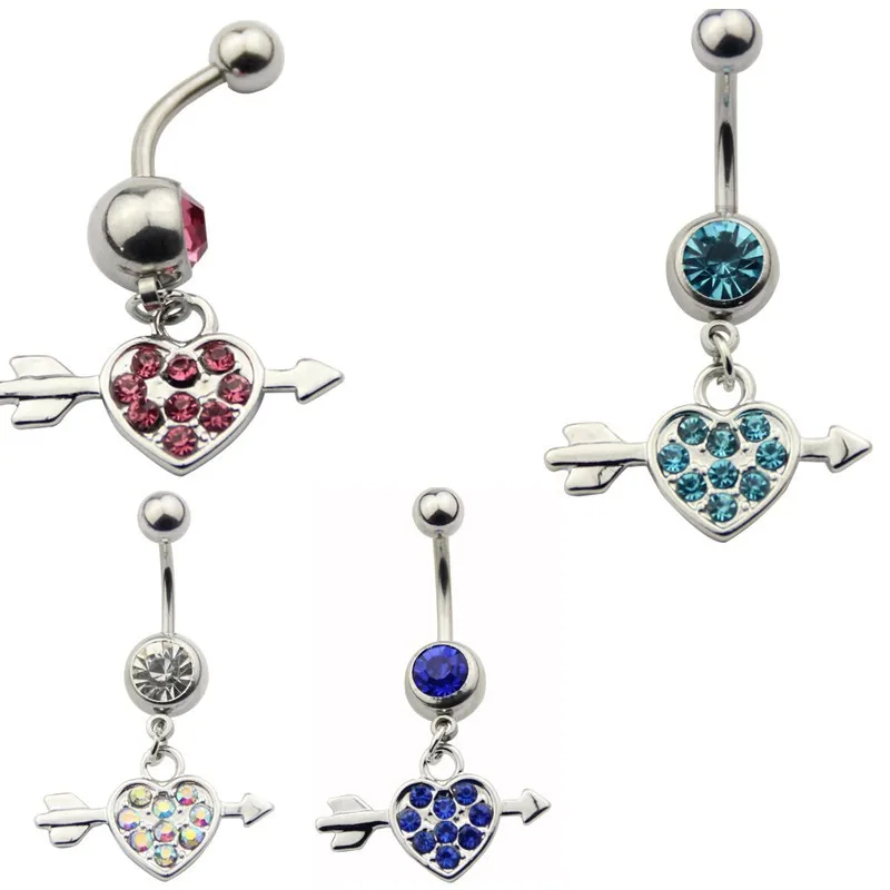

2pcs Stainless Steel Belly Button Ring Love Heart Piercing Arrow Zircon Crystal Long Dangled Bar Charming Belly Piercing Jewelry