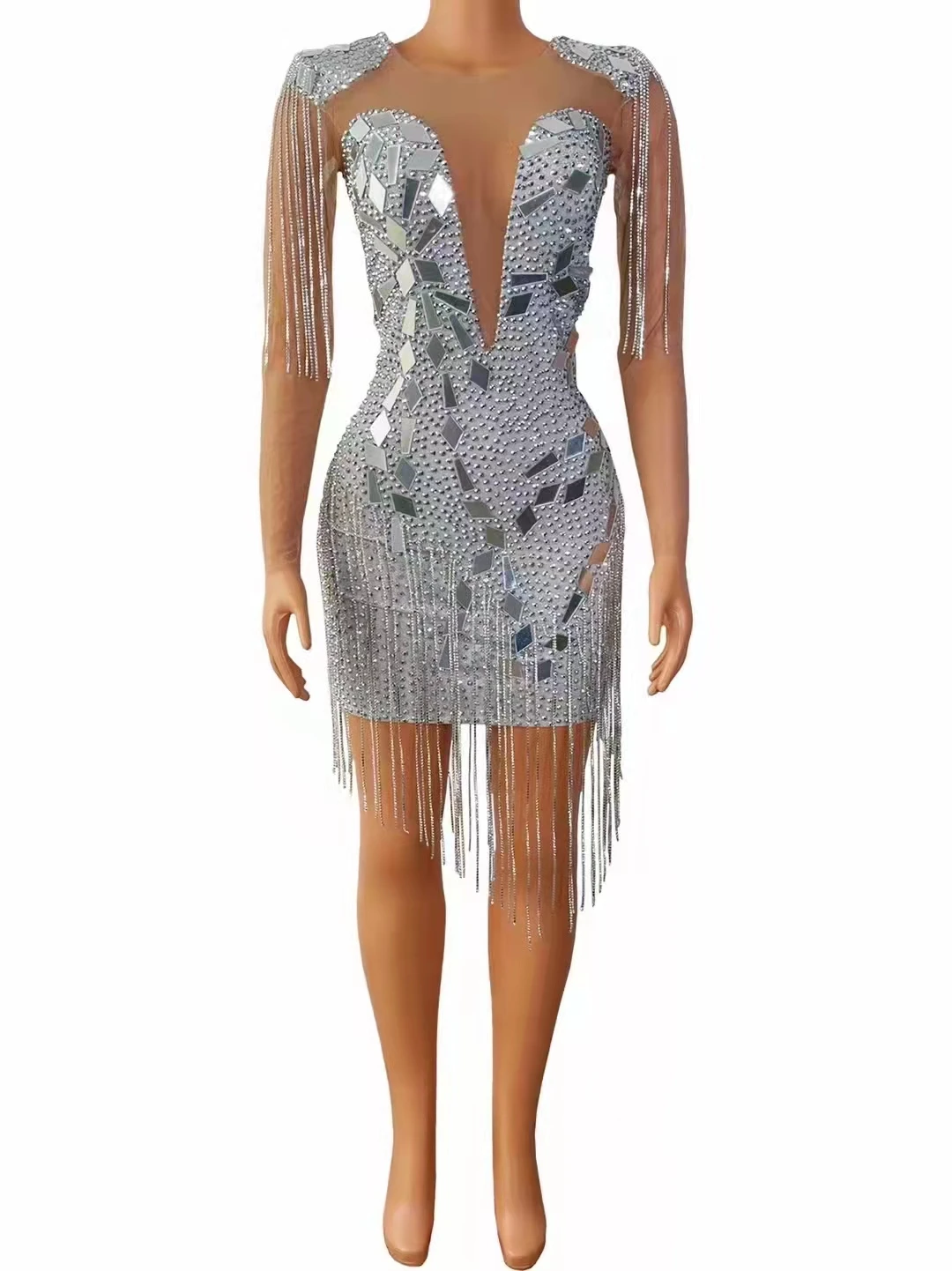 

Women Sexy Silver Mirrors Crystals Chains Mesh Dress See Through Birthday Party Celebrate Fringes Costume Nightclub Stage Dress