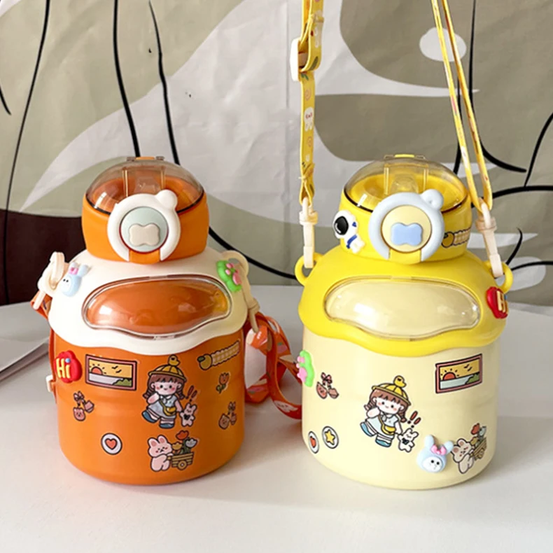 Water Bottle Large Capacity Insulated Cup With Shoulder Strap, Large Belly Cartoon, Large Capacity Straw  Water Bottles