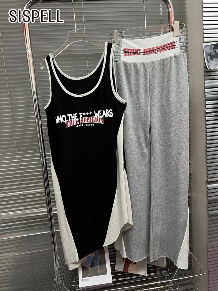 

Женский комплект из двух предметов SISPELL, жилет без рукавов с круглым вырезом, свободные брюки с высокой талией и широкими штанинами, с надписью, комплект из двух предметов