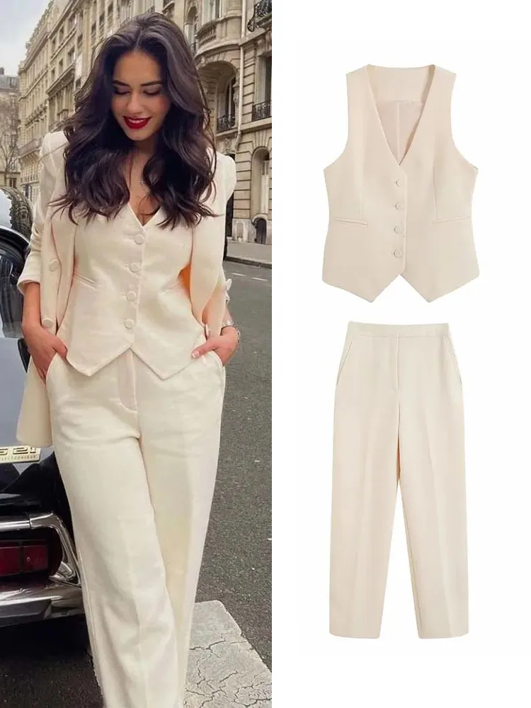

TRAF Newest Spring Autumn Women Vest Pant Sets 2023 Suit Office Outfits Pockets Jackets Wide Leg Trousers Basic Zipper Long Pant