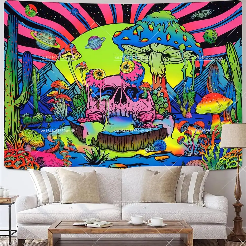 Гобелен с черепом Blacklight грибной для спальни эстетический гобелен изображением