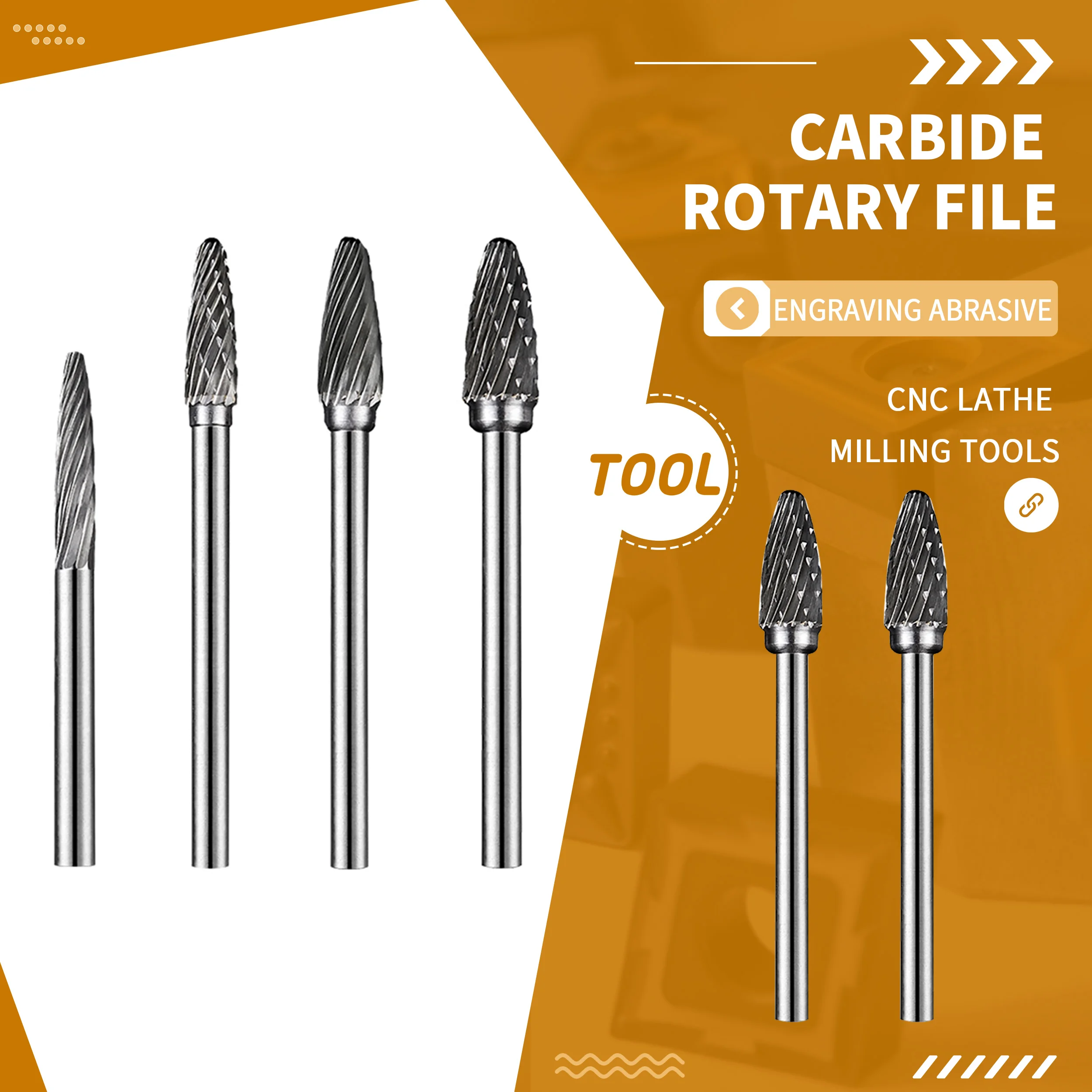 

F Type 3mm Shank Cemented Carbide Rotary File Tungsten Steel Grinding Head Pointed Metal Milling Cutter F3 F4 F5 F6 F0513M03 Set