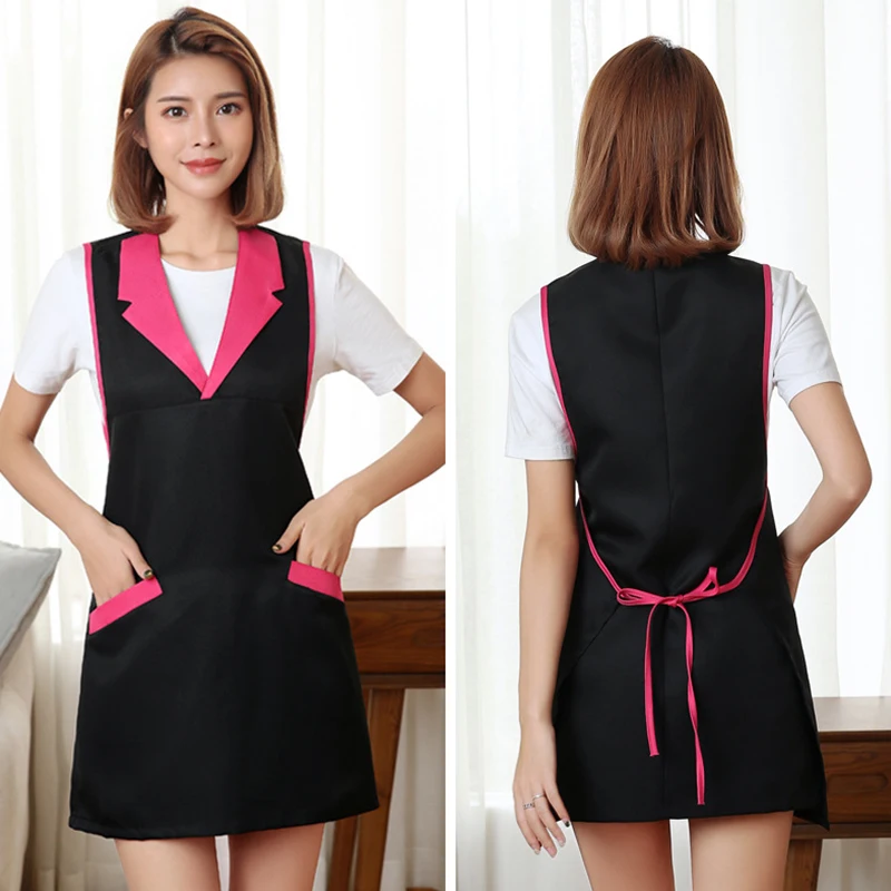 

Short Sleeveless Cooking Kitchen Aprons Dress With Pockets Household Restaurant Cafe Cleaning Nails Waitress Apron For Women