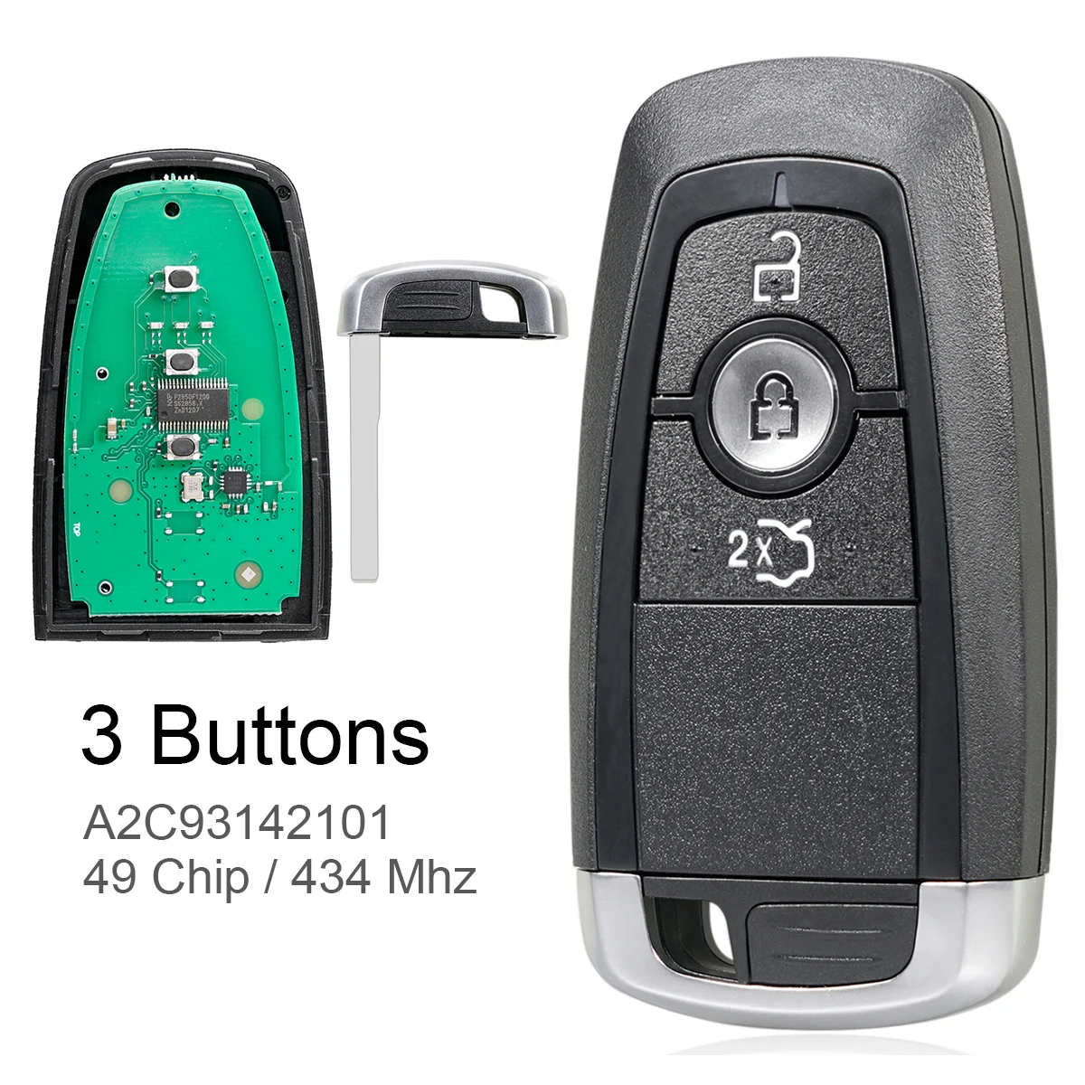 

3 Buttons 433MHz Car Smart Key Keyless Remote Car Key Fob with 49 Chip A2C93142101 Fit for Ford Edge 2017 2018 2019 2020