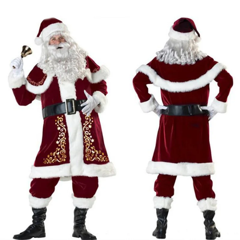 

Красный роскошный бархатный необычный комплект из 8 предметов, семейный костюм для рождевечерние для мужчин и женщин, костюм Санта-Клауса, костюм для взрослых, Рождественский костюм для косплея