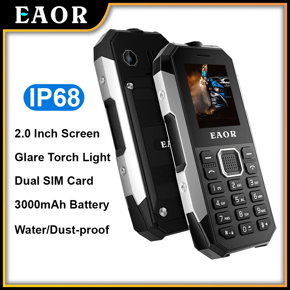 EAOR-teléfono resistente IP68, resistente al agua, a prueba de polvo, con teclado, Tarjeta SIM Dual, Batería grande de 3000mAh, función de botón, con linterna