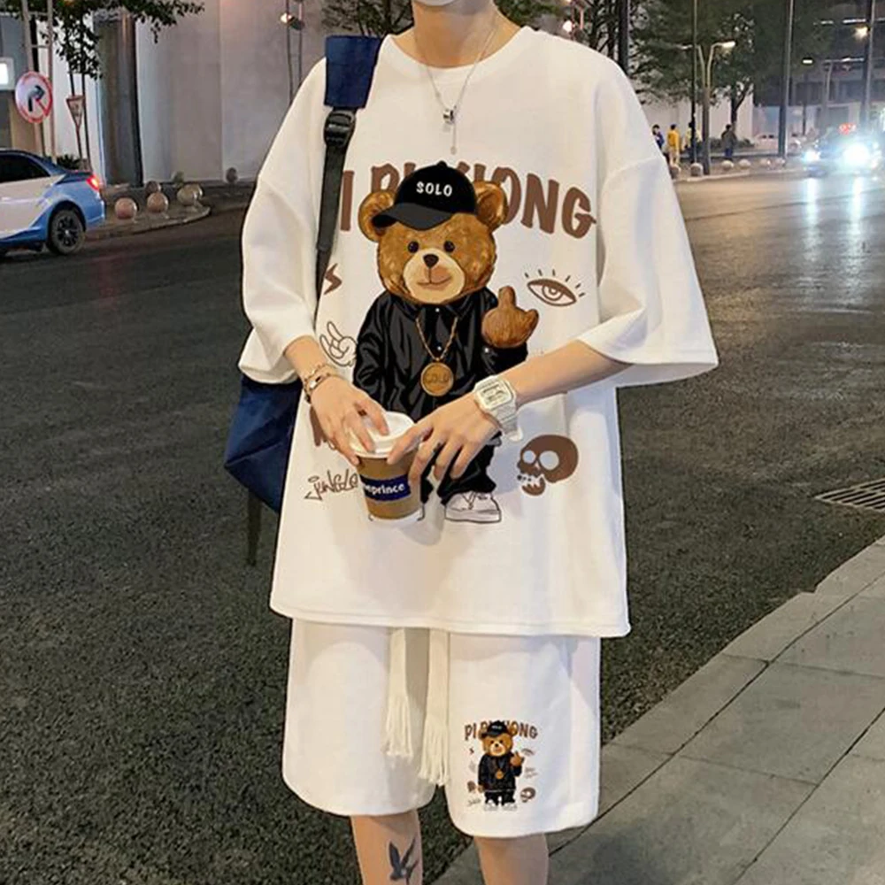Y2K Fashion Little Bear Print Men's T-shirt Shorts Sets Oversize Loose Casual Suit for Male Unisex Street Sport Man Clothing