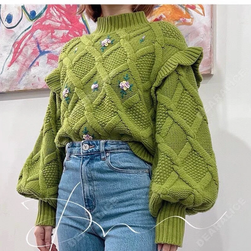 

Autumn Winter Women 2022 Latest Top Quality Frill Ruffle Drop Shoulder Green Plaid Floral Sweater