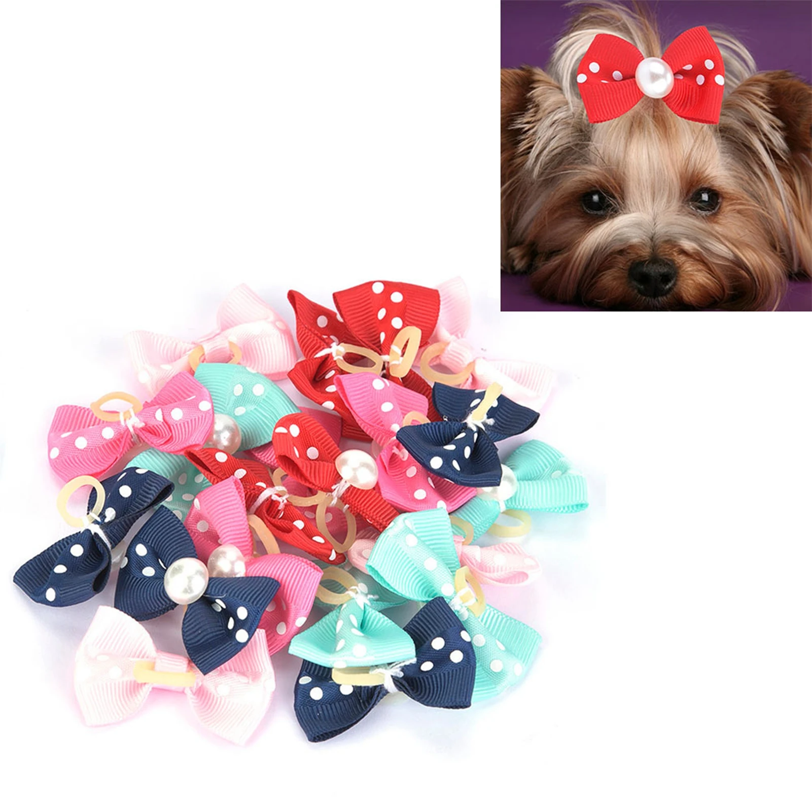 

20Pcs Dog Hair Bowknot With Elastic Band Pet Puppy Teddy Grooming Hair Accessories Random Color