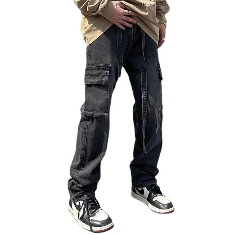 DEEPTOWN Retro Straight Jeans Men Ribbons Streetwear Hip Hop Black Denim Pants Fashion Loose Casual Distressed Trousers Autumn