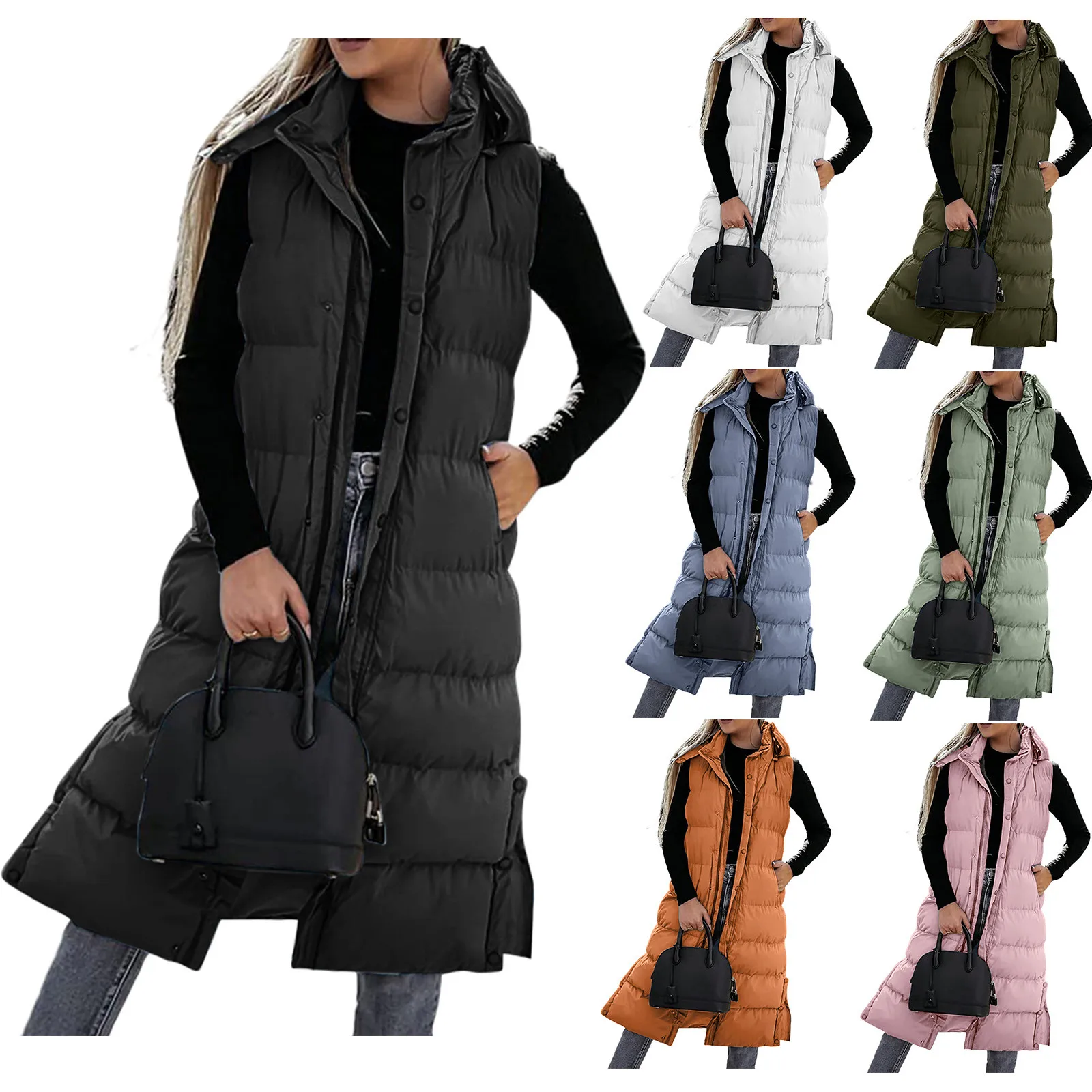 

Womens Long Hoodie Vest Winter Sleeveless Coat Warm Down Coat With Pockets Quilted Outdoor Jacket Zipped Single Breasted Top