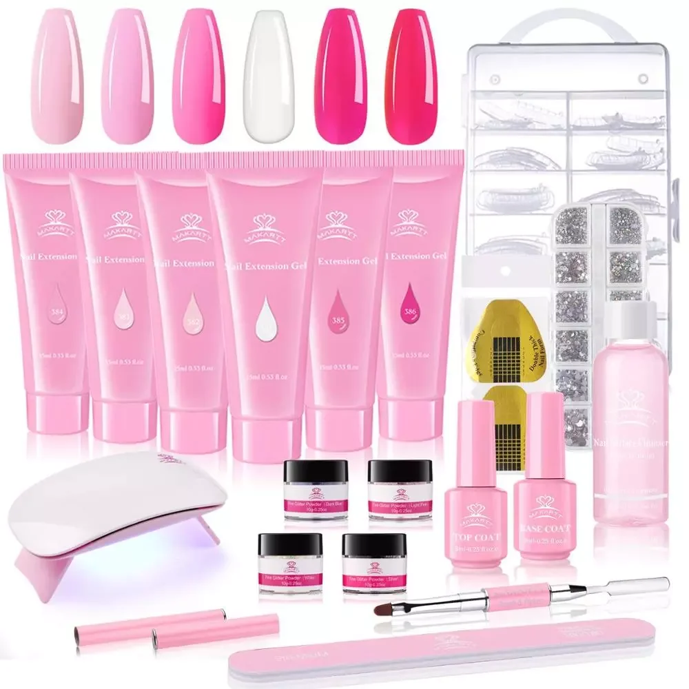 

NEW2023 Pink Poly Nail Gel Kit, Nail Extension Gel Kit Nail Enhancement Gel with Slip Solution & LED UV Nail Lamp Base Top