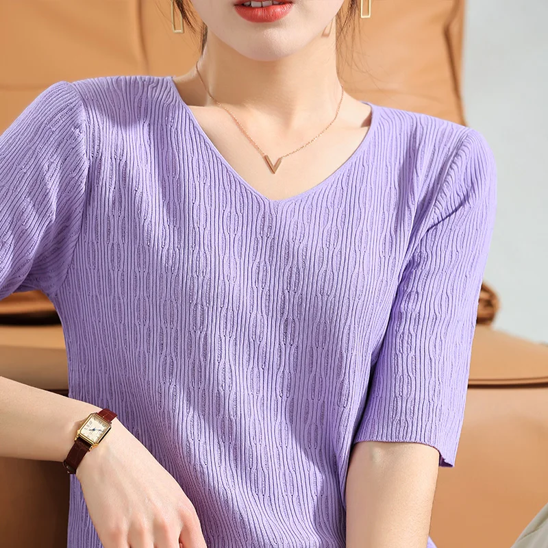 

2022Ice Silk Linen Women's V-Neck Half Sleeve Top Silk Fabric Texture Comfortable Women's Loose T-Shirt Summer Short Sleeve
