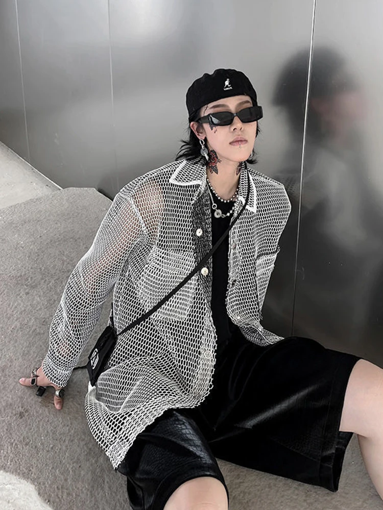 

HOUZHOU Men's Mesh T-shirt with Holes See Through Nightclub Sexy T-shirt Long Sleeve Men Clothing Tops Cardigan Hip Hop Harajuku