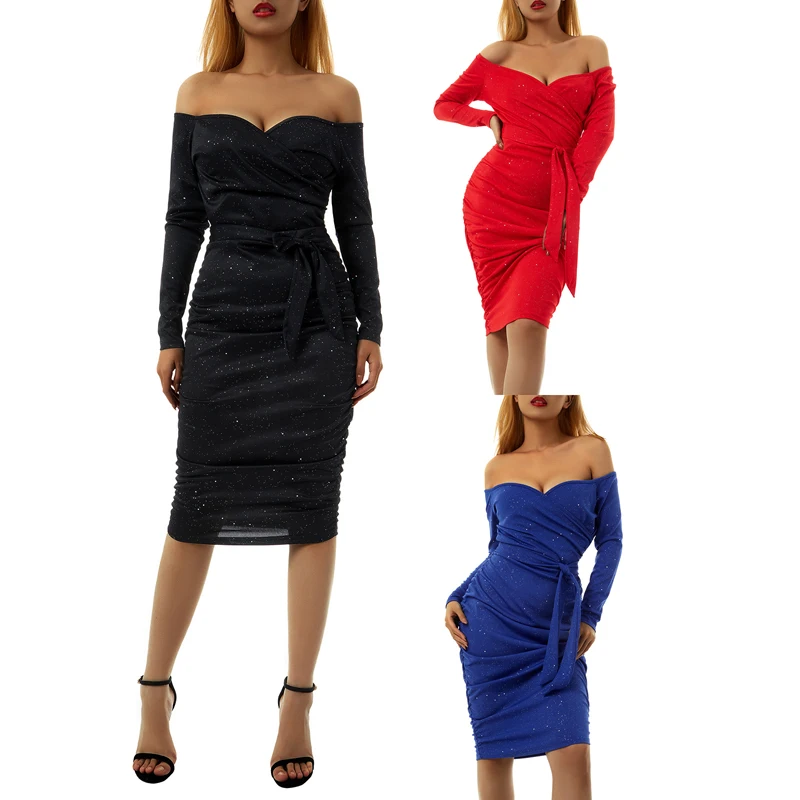 

Kayotuas Women Sheath Dress Spring Autumn Off-the-Shoulder Pleated Ruched Ladies Evening Party Sequin Shiny Bodycon Clubwear