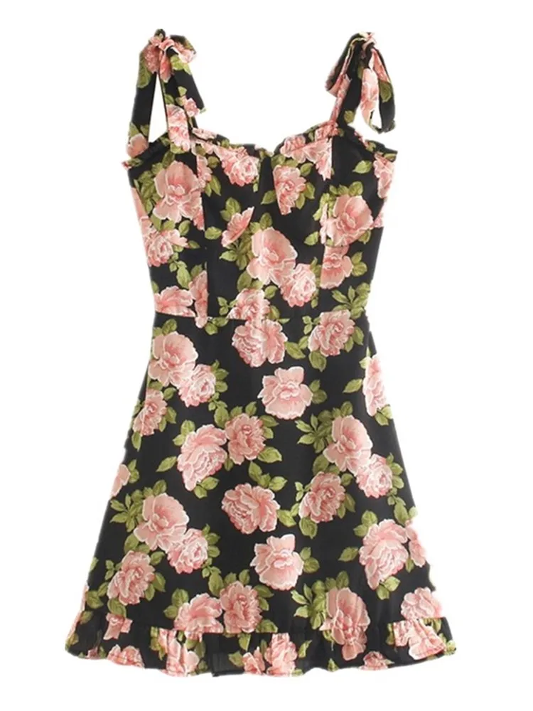 

Retro French Summer Contrast Color Flower Print Women Dress Ruffles hem Tie Bow Strap Sleeveless Mini Beach Holiday Robe