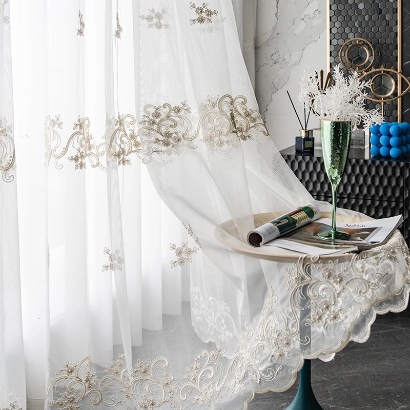 

European Curtains for Living Dining Room Bedroom Custom Luxury Embroidery Pearl White Tulle Modern French Window Curtain Decor