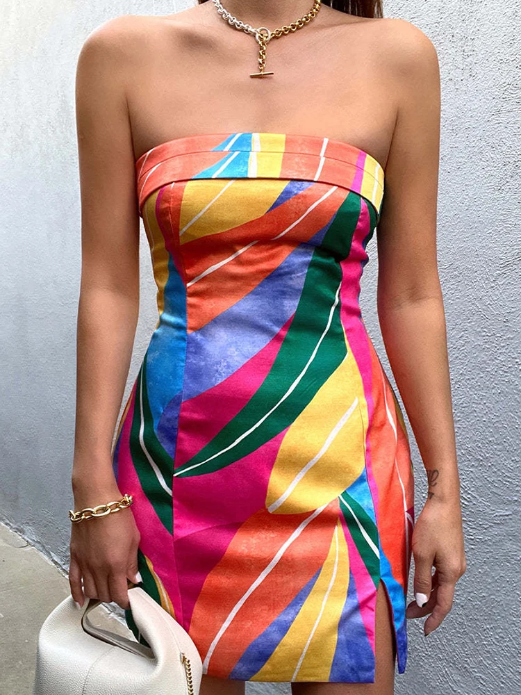 

Fashion Colorful Pattern Printed Mini Dress Women Sexy Off Shoulder Backless Split Bodycon Dress Elegant Sleeveless Party Dress