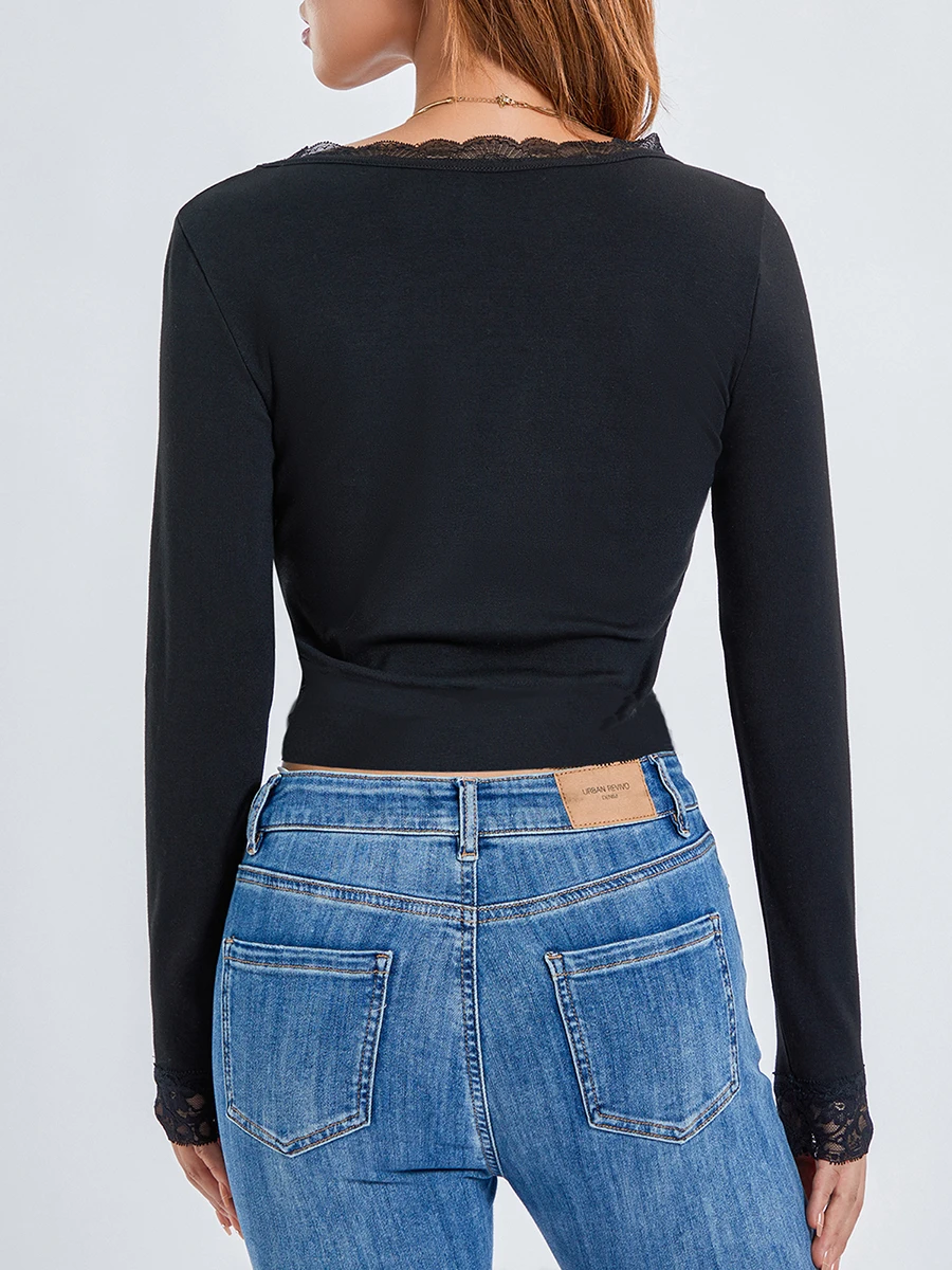 Женские короткие футболки с кружевной отделкой рубашки длинными рукавами и